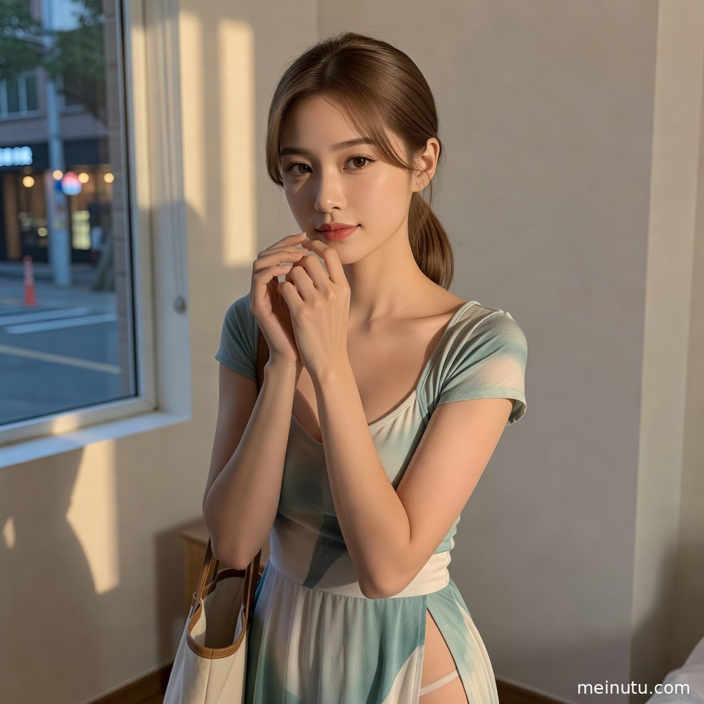 窗边逆光中的年轻成年女性回眸凝望，画面呈现高清曲线写真效果。