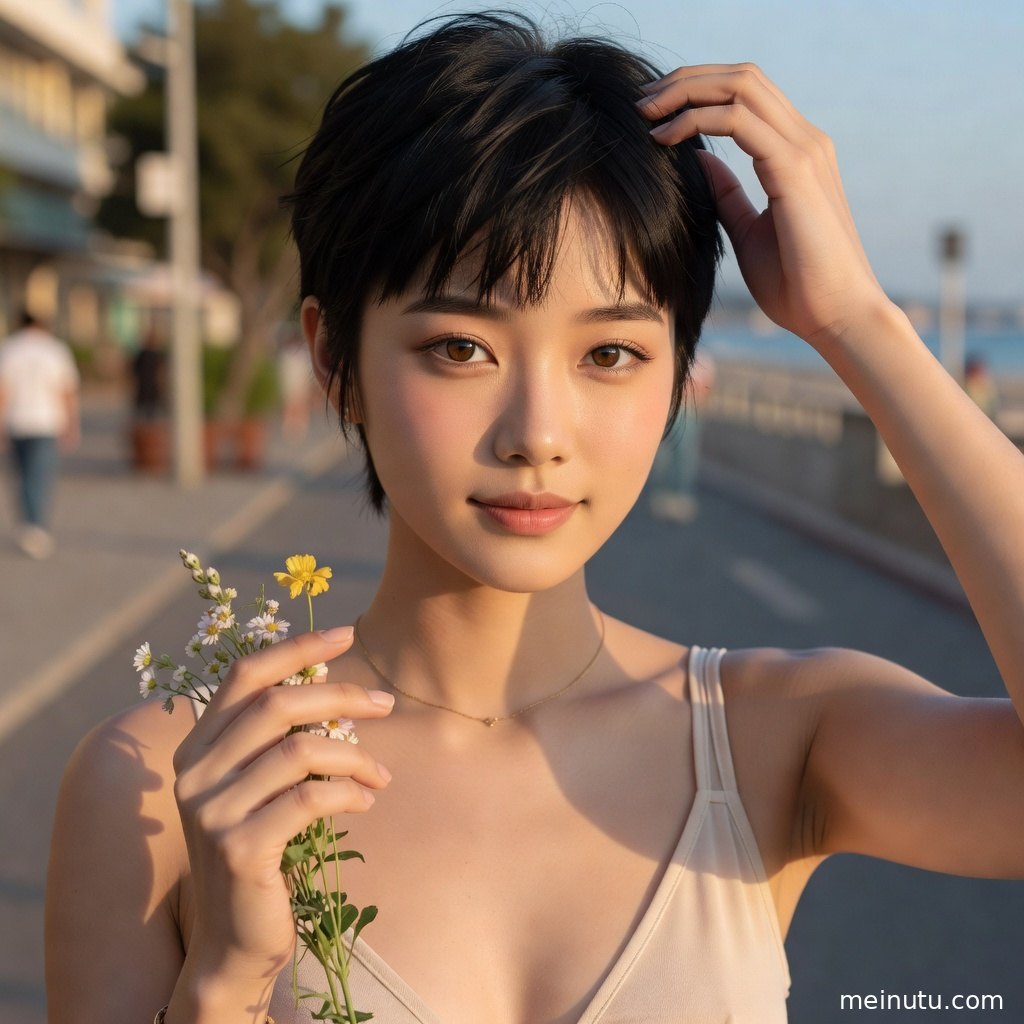 清新写真街拍画面中，成年女性站在橱窗旁展现温柔曲线。
