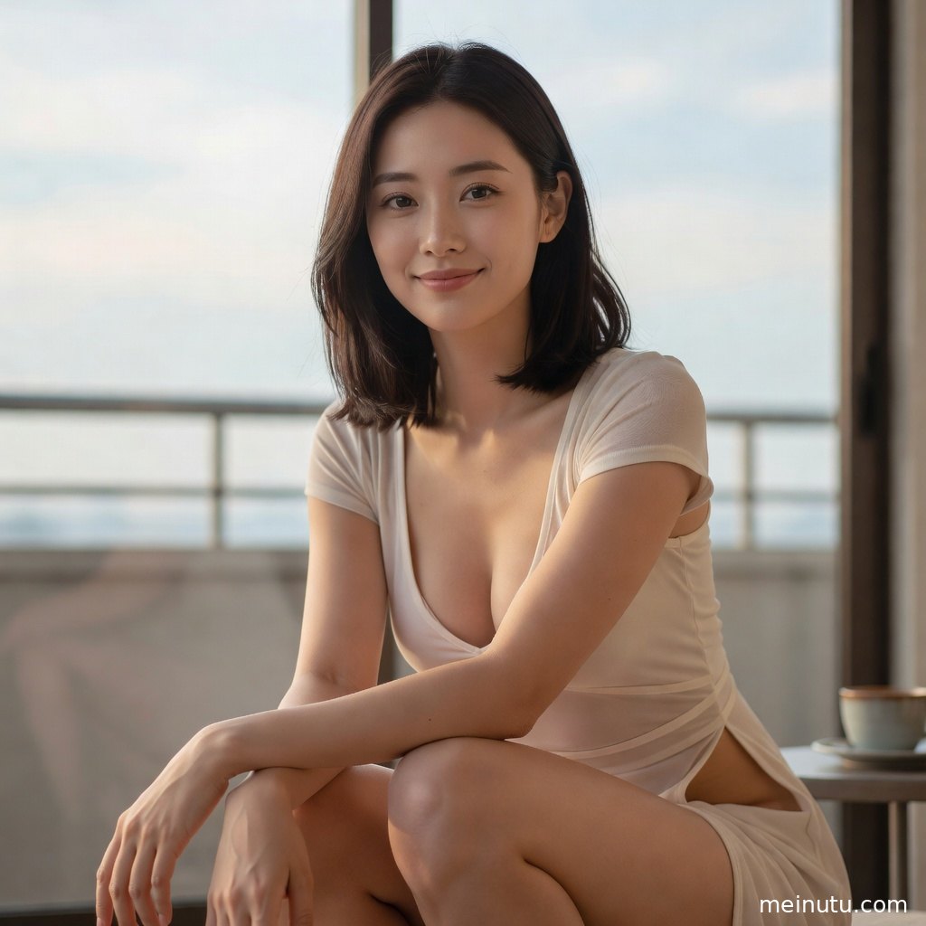 清新风格美女写真呈现窗边坐姿，柔和逆光让画质更通透细腻。