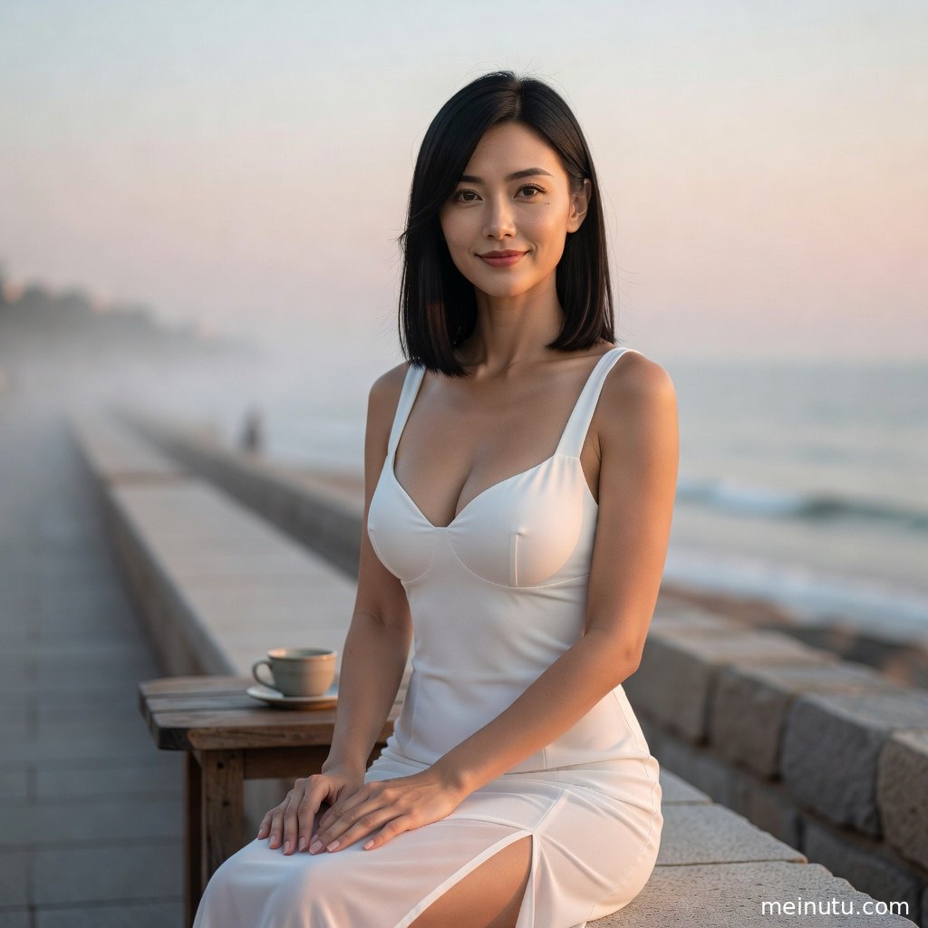 年轻成年女性苏沐晴倚在海岸礁石旁，白裙与蓝色海面形成柔和对比。