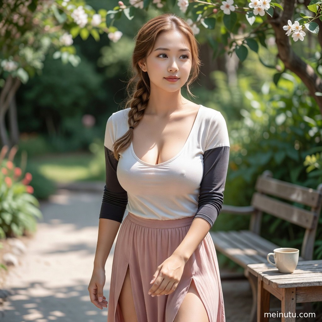 花园石径旁的年轻成年女性黑丝美女写真，清透高光映出清新气质。