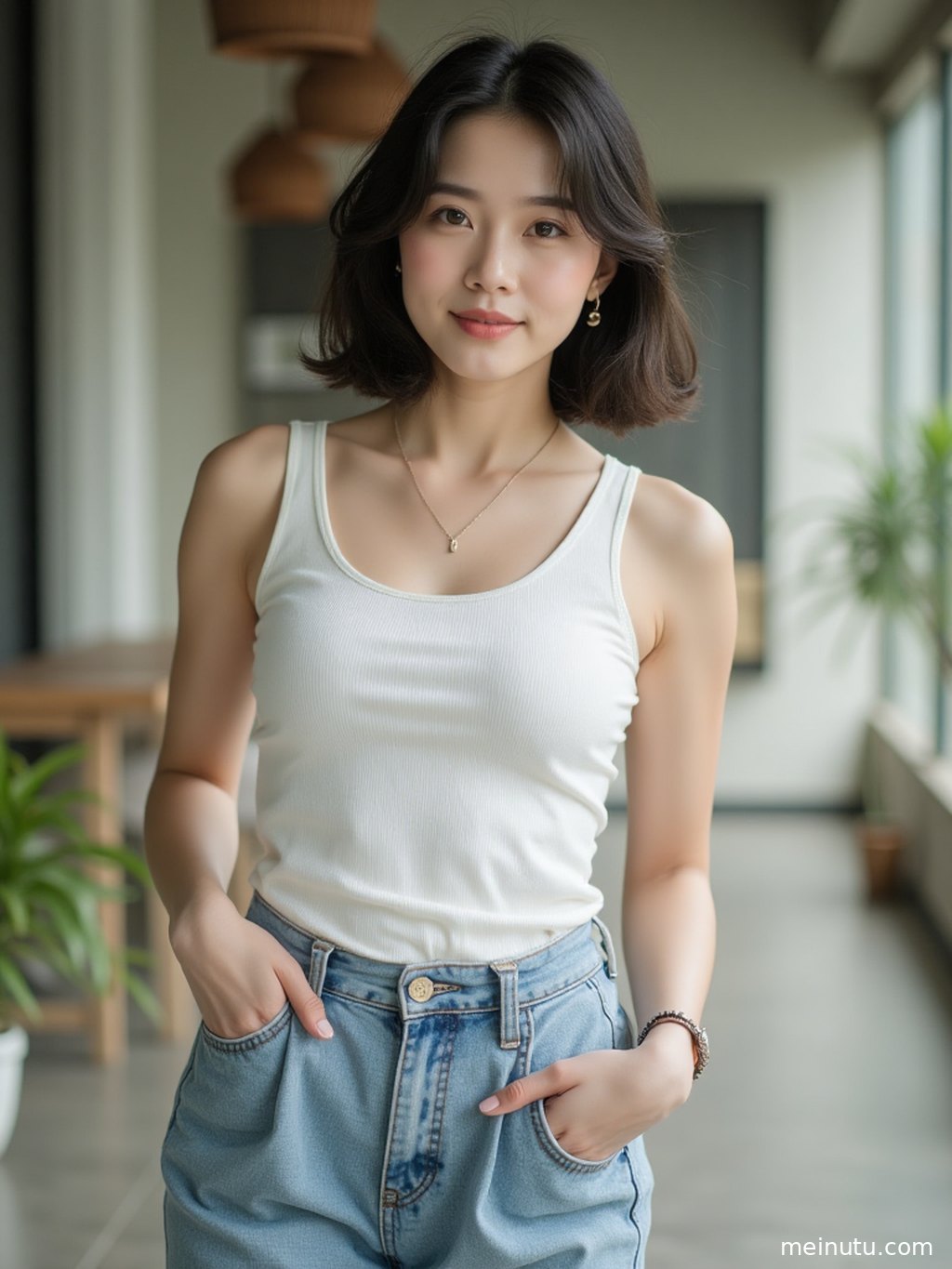 街拍镜头下的女性，暖色调光线营造出温馨氛围，搭配潮流服饰，全身画面充满生活气息。