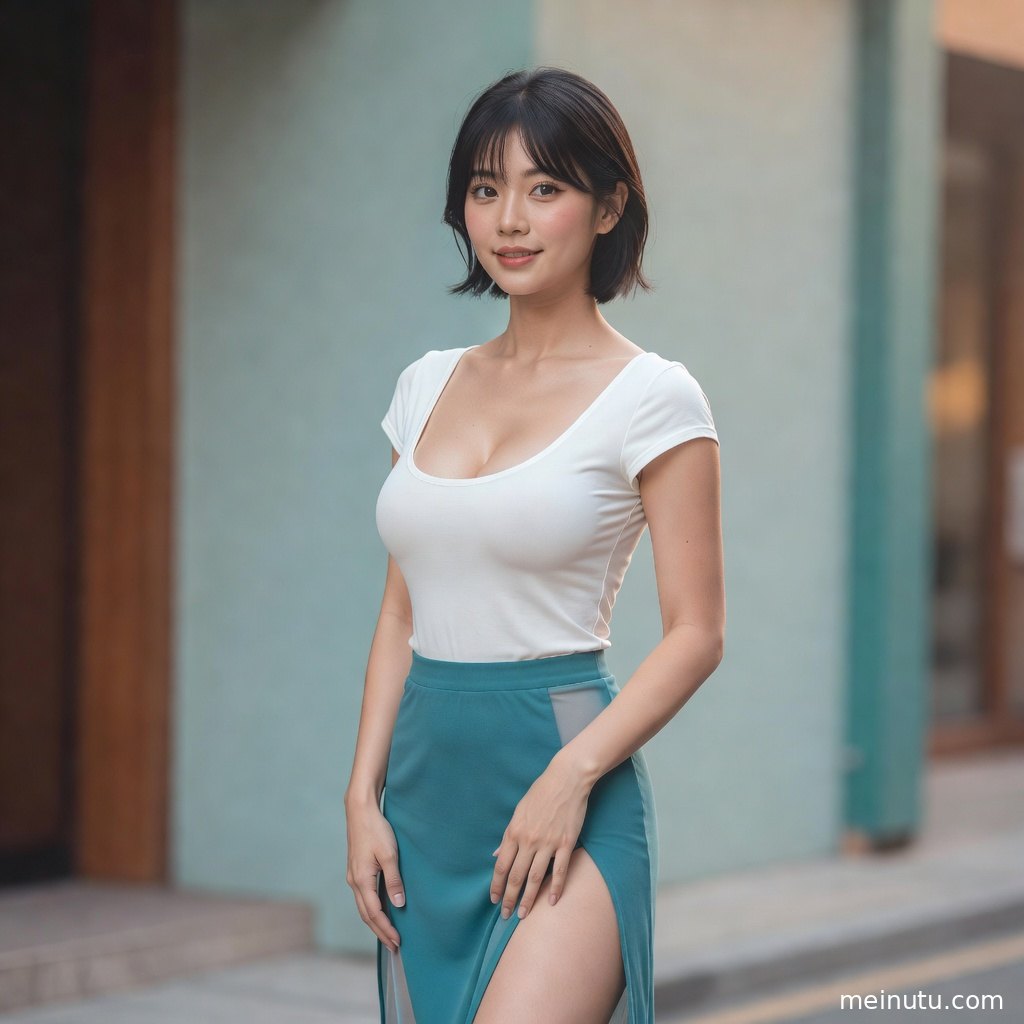清纯美女在城市街角轻松回眸，针织纹理与发丝细节清晰可见。