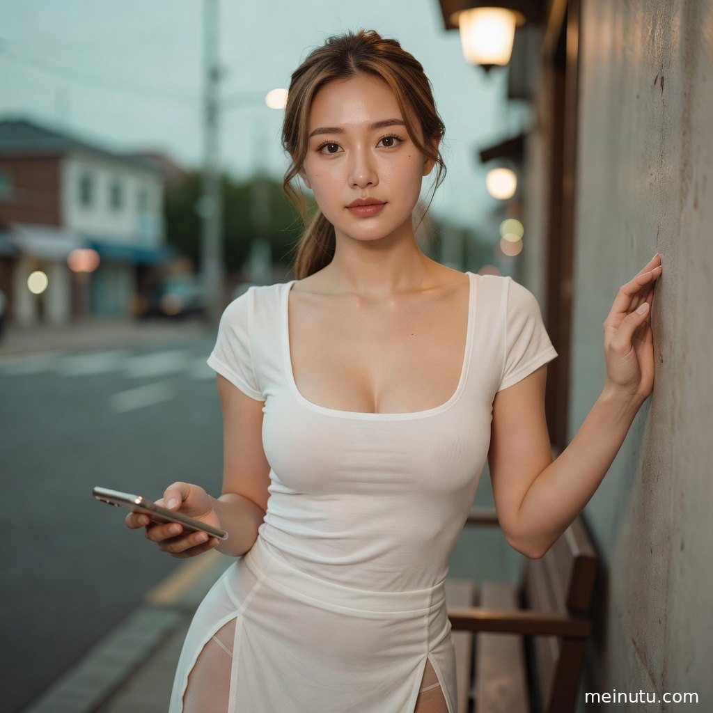 成年女子在近距离镜头下展现眼神与衣料纹理，形成文艺感街拍美女照片。