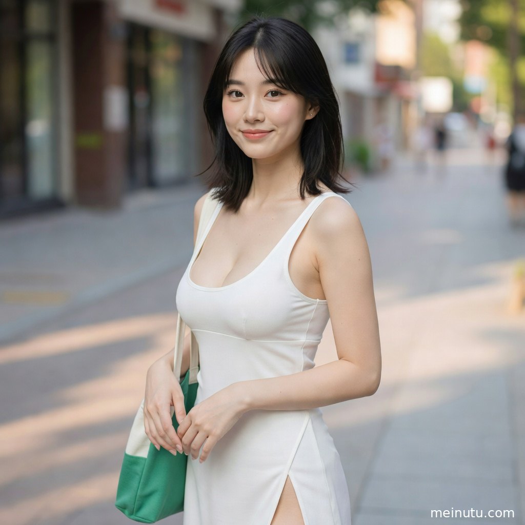 成年女性置身主题场景中，画面强调巨乳美女写真 街拍 阴天漫射光的柔和光线与高清画质。