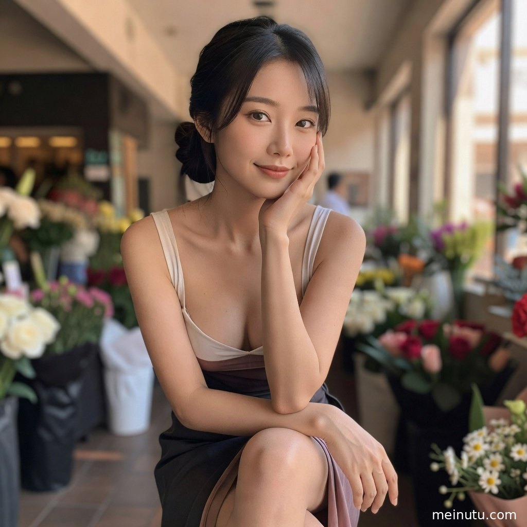 年轻成年女性在窗前自然回眸，全身构图展现日系清新风格。