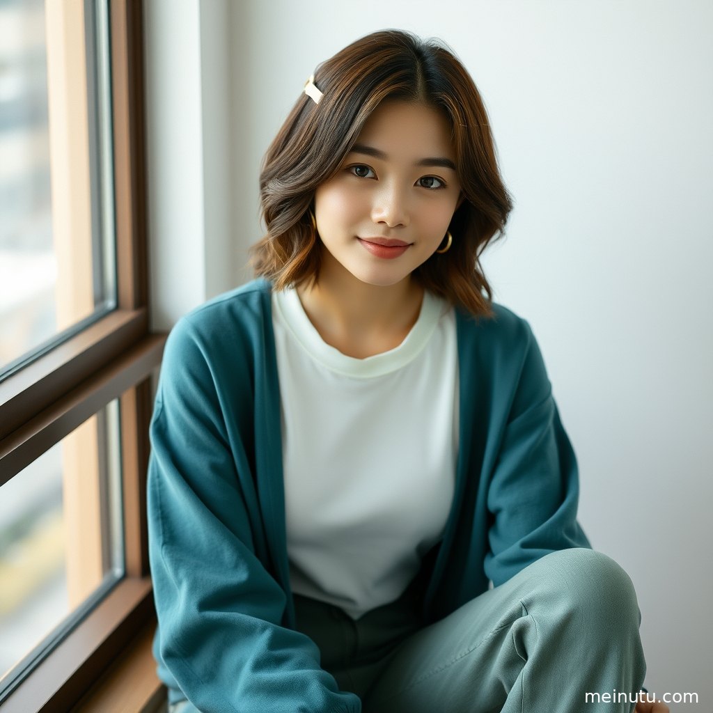 一位女性在晨光中回眸，眼神宁静而深邃。