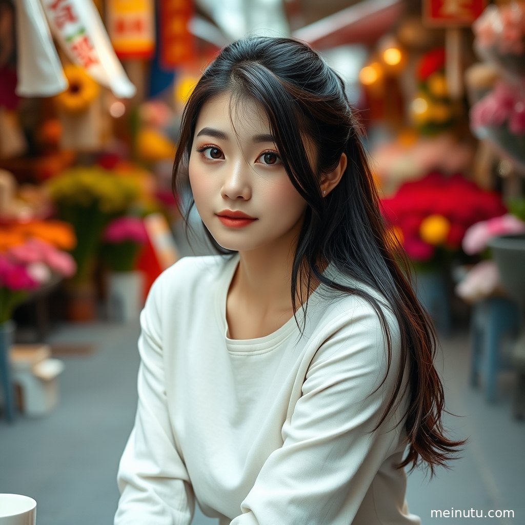 年轻成年女性在街头暖色侧光下回眸，呈现清新写真般的柔和氛围。