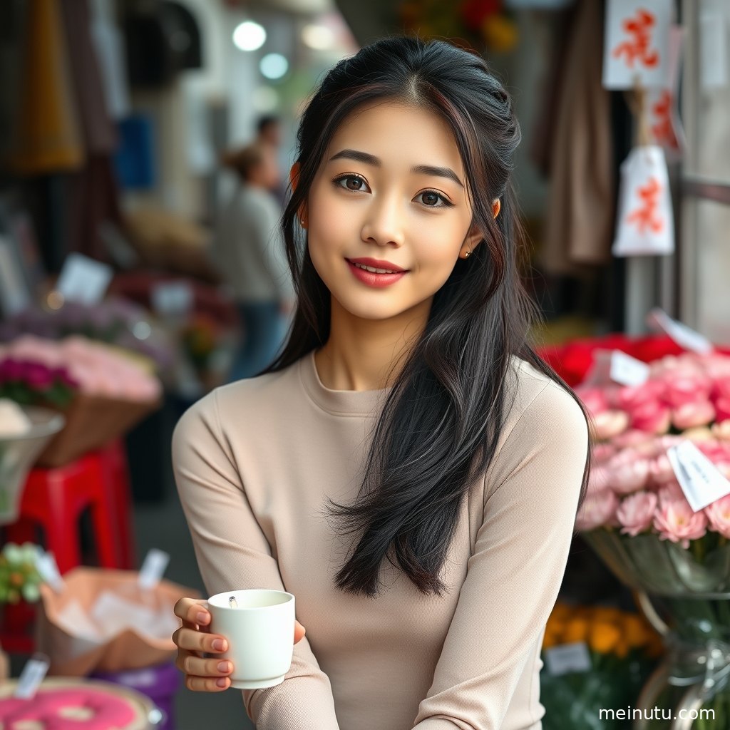 俯拍视角记录年轻成年女性的自然表情，城市街拍背景带有文艺写真质感。