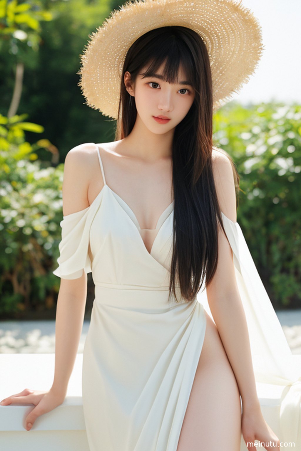 女性倚靠在复古走廊的墙壁上，眼神清澈，沐浴在柔和的光线下。