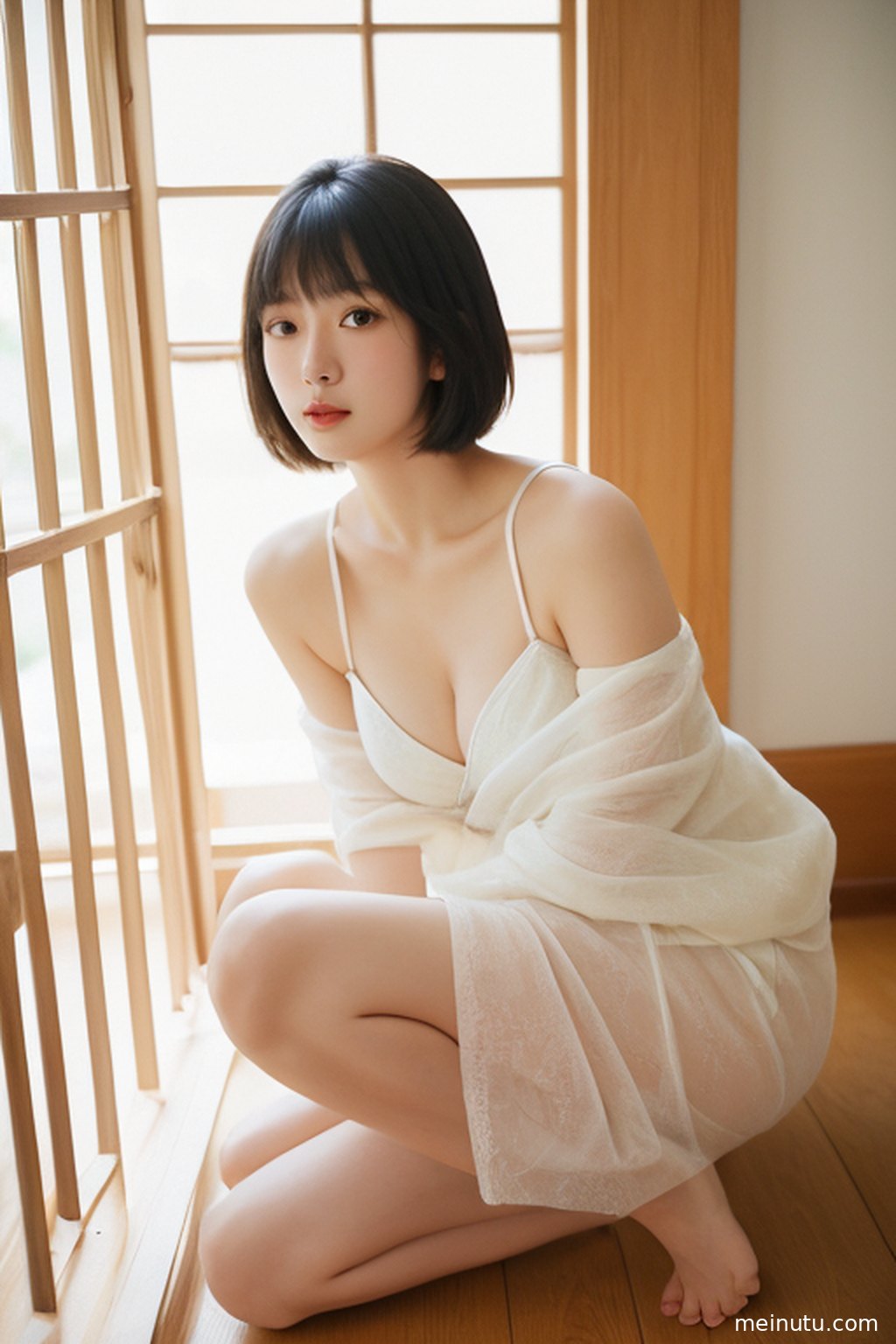 走廊尽头的光线穿过窗户，照亮了女性的侧脸，轮廓清晰，气质动人。