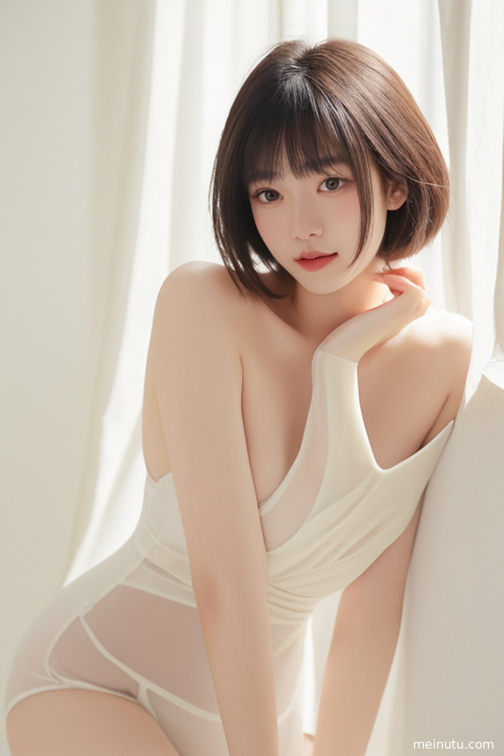 一位气质优雅的女性在复古走廊中回眸，清透的光感勾勒出迷人的身姿。