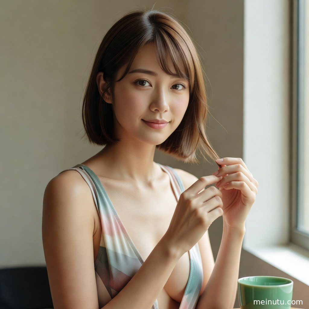 柔和逆光洒入室内，年轻成年女性以自然姿态展现文艺写真风格。