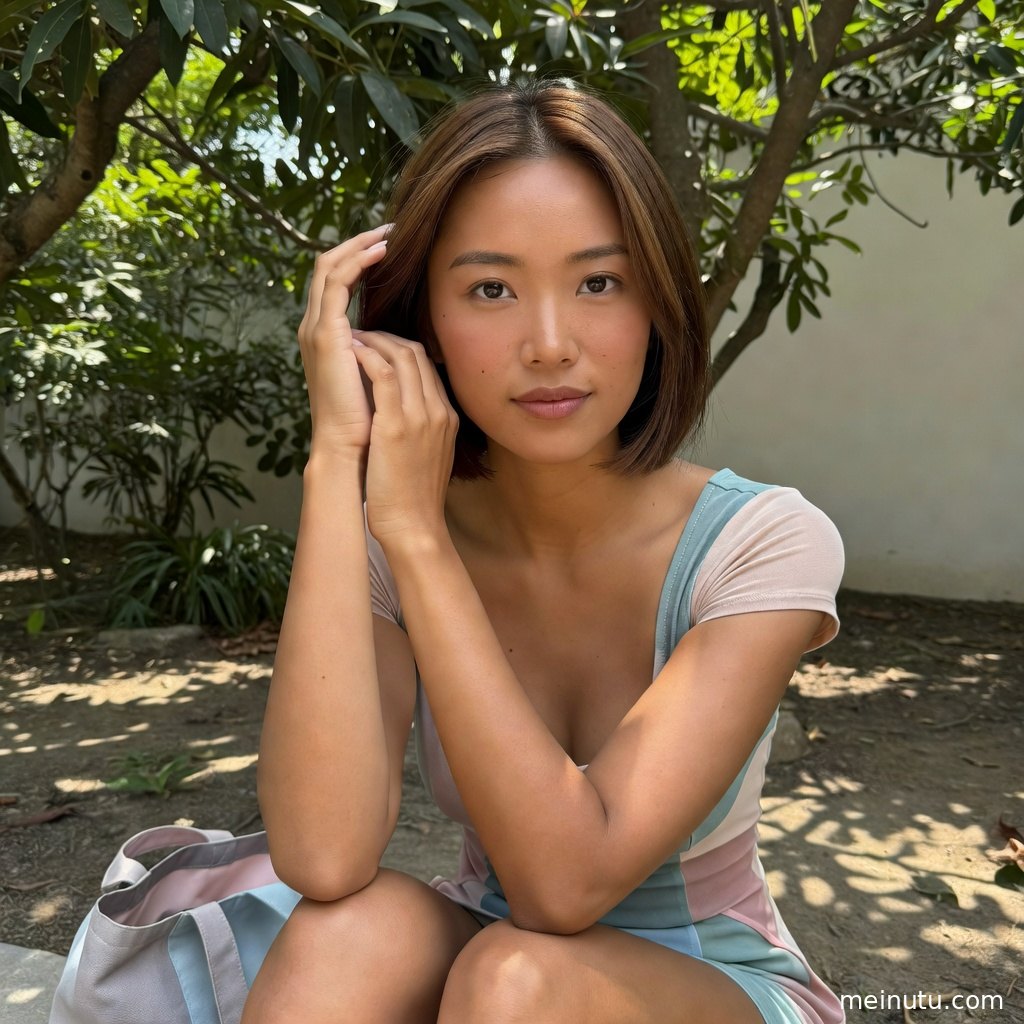花园小径中的年轻成年女性回眸微笑，高清画质展现日系清新与文艺写真质感。