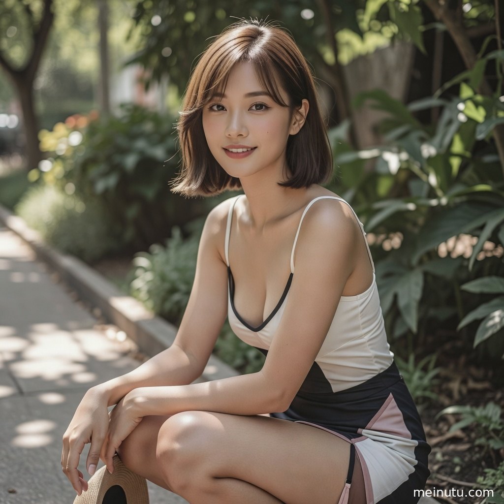 自然光穿过树叶洒在成年女子身上，低角度视角突出清纯美女的明亮气质。