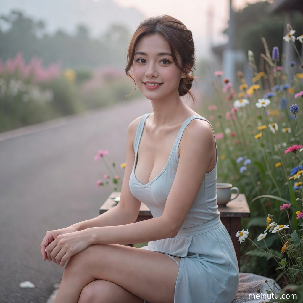 年轻成年女性穿简约私服漫步城市路边，柔和逆光勾勒发丝轮廓。