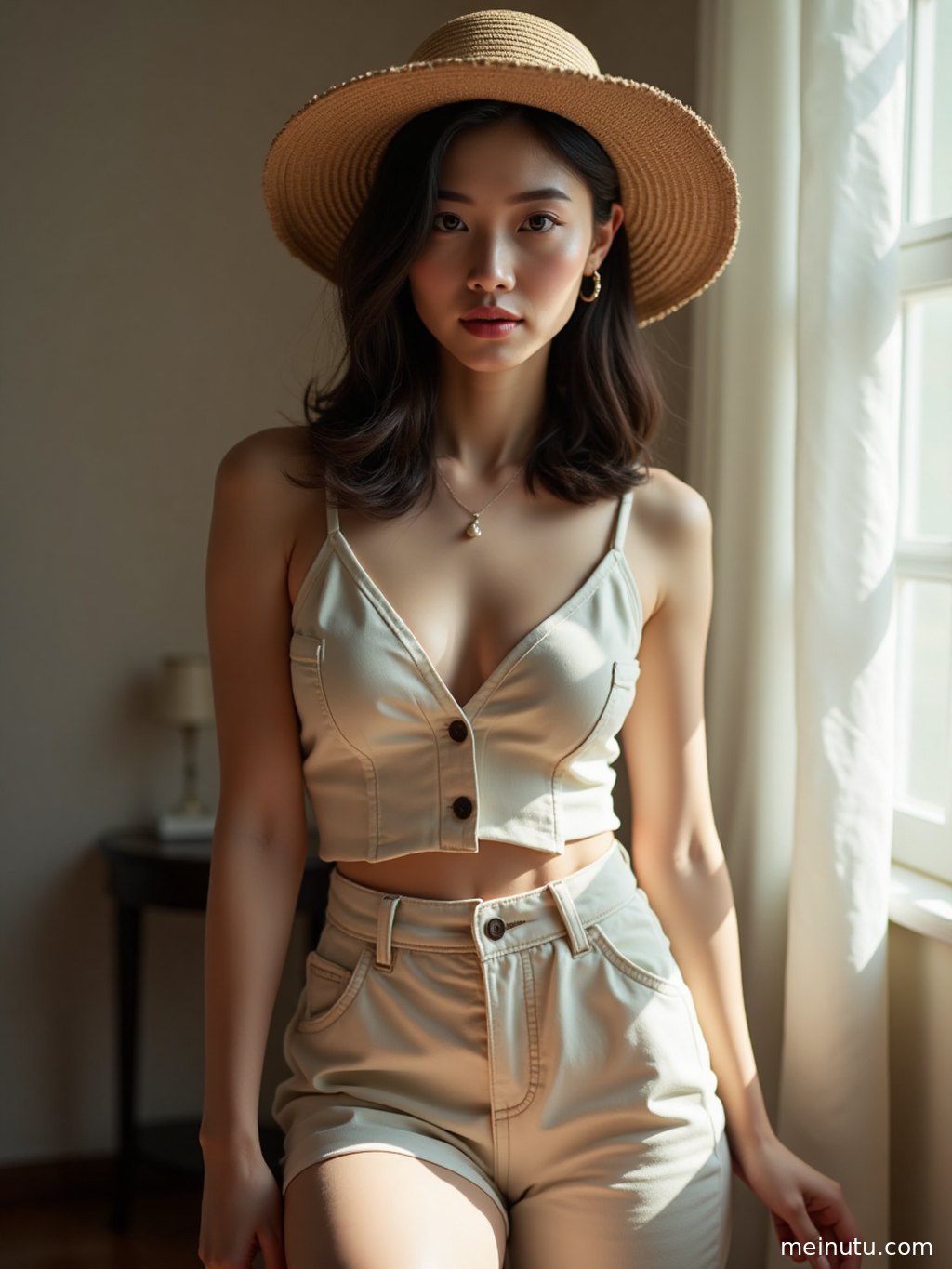 一位女性在庭院浴室中，沐浴在柔和的逆光下，展现迷人身姿。