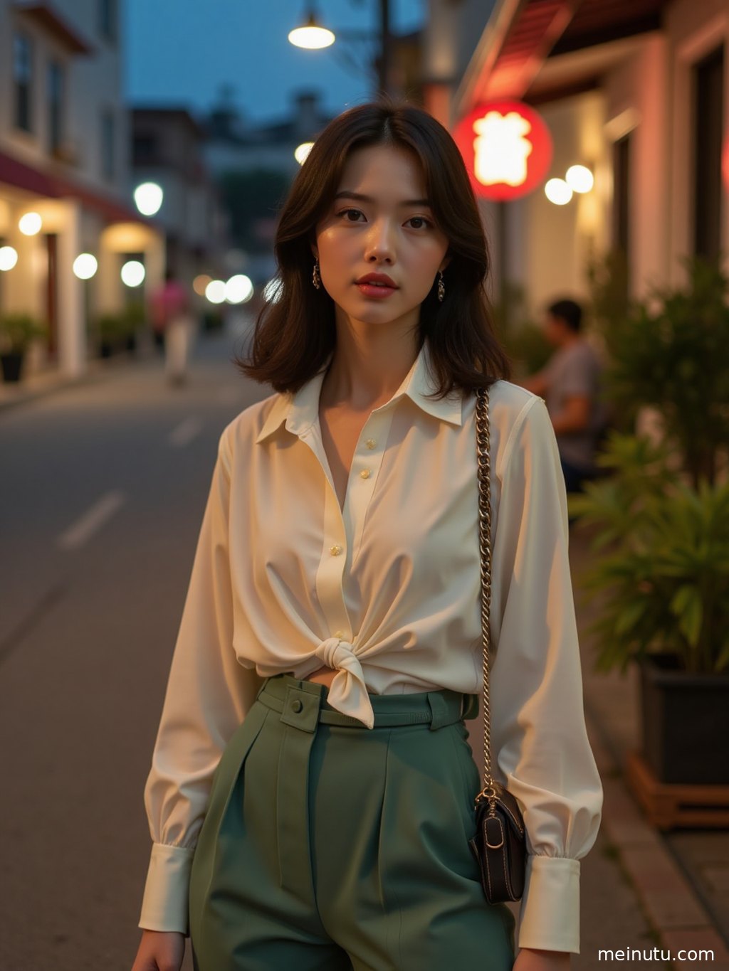 庭院中的浴室，光影斑驳，清新感与女性的自然魅力交织。
