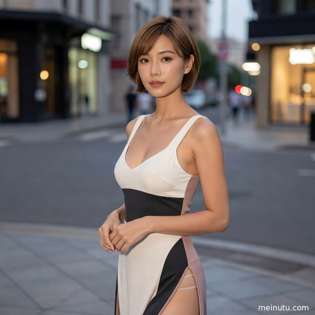 成年女性穿行城市街角，日系清新风格与柔和光影突出优雅曲线和文艺气质。