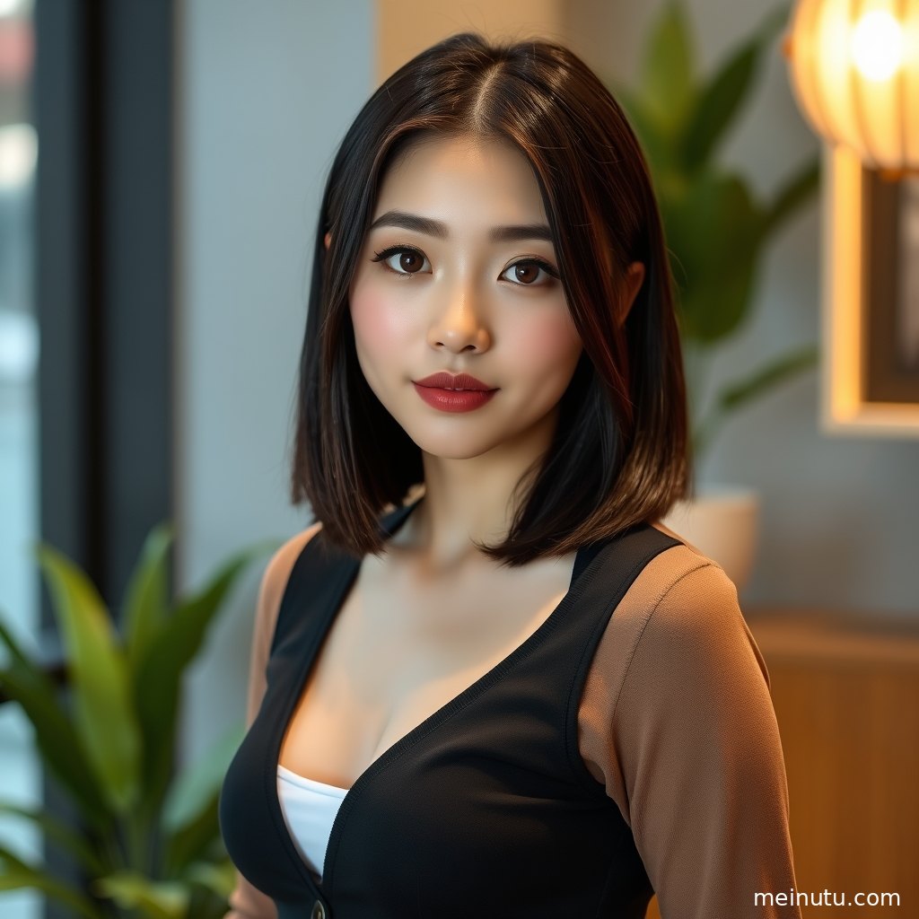 气质型美女穿简洁浅色服饰站在室内晨光里，侧脸线条与发丝细节清晰。