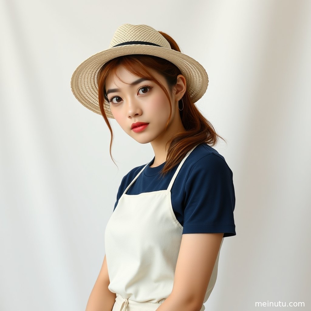 年轻成年女性在黄昏阴天漫射光下俯拍入镜，呈现清新美女写真氛围。