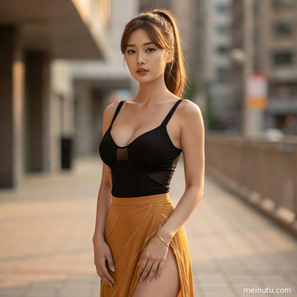 清新美女身着简约服饰站在安静街角，柔和灰天光线营造文艺写真感。