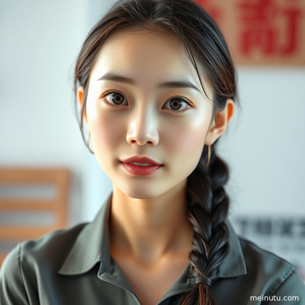 成年女性在白绿花影间凝望镜头，画面呈现日系清新与文艺氛围。
