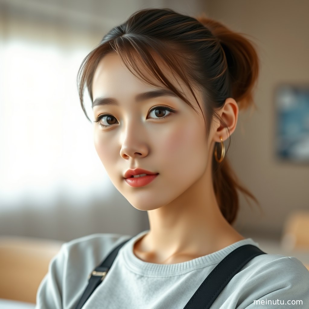 柔和逆光中的女性回望镜头，森林背景与浅景深带来日系清新感觉。