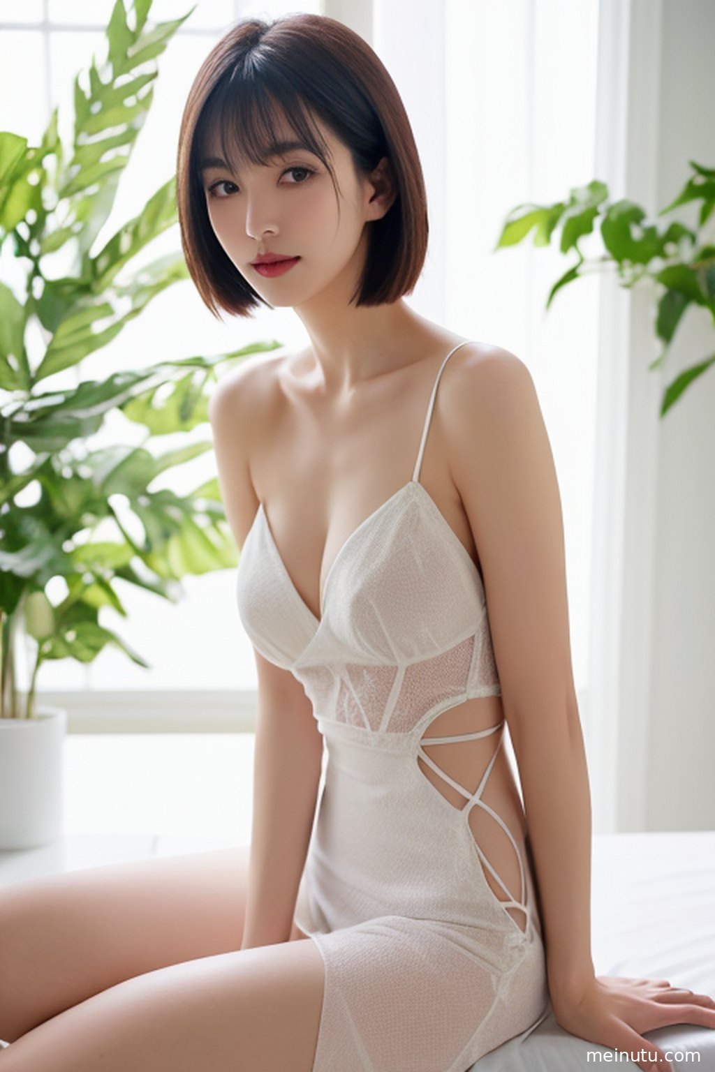 自然光线勾勒出庭院中女性的侧影，清新脱俗，充满活力。
