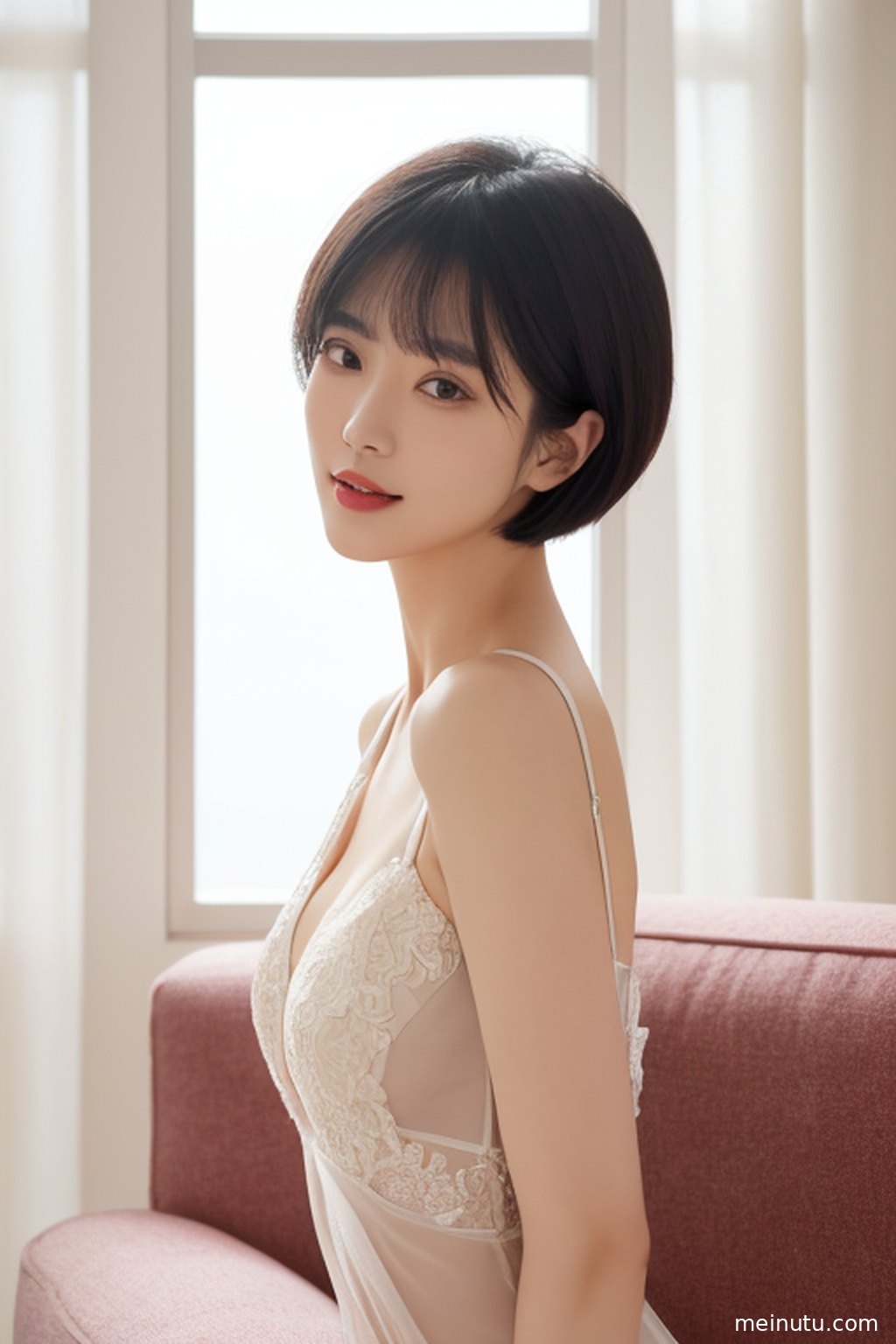 庭院一角，一位女性在花丛中回眸，眼神灵动，画面唯美动人。