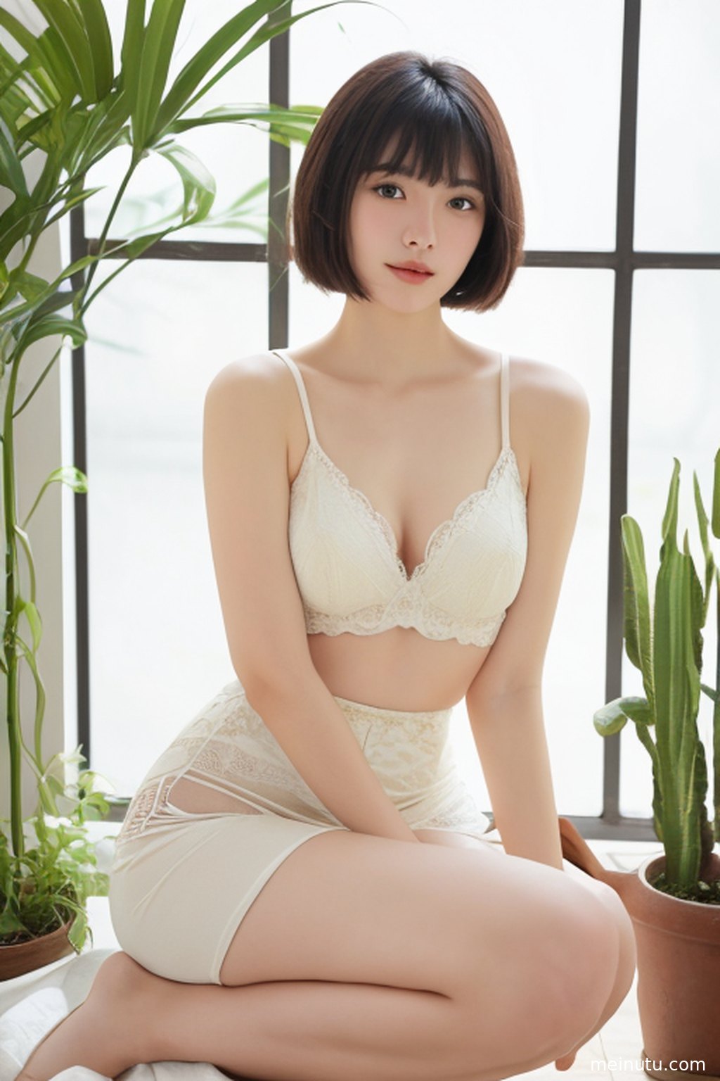 女性在繁花盛开的花园中，沐浴着清透的阳光，展现甜美笑容。