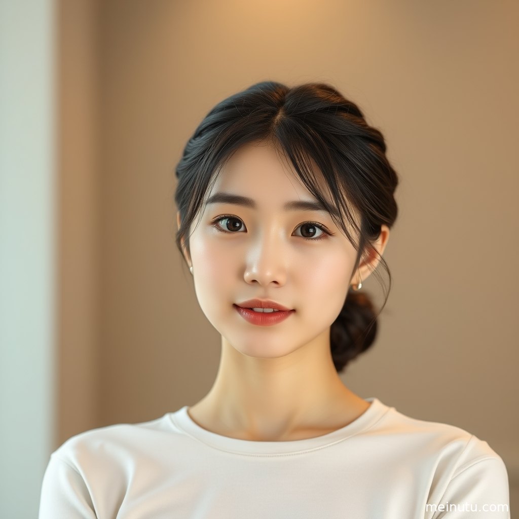 成年女子在柔和光晕中微笑停步，全身构图带来清纯美女写真观感