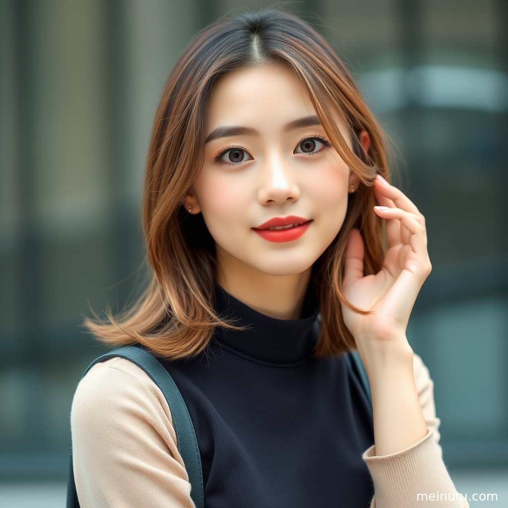 俯拍视角记录窗前模特的整洁穿搭与自然表情，画面偏日系清新风格。