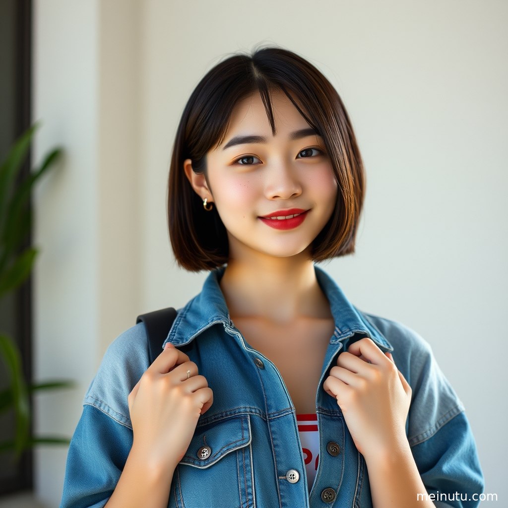 一位穿着时尚的亚洲女性站在街头，暖色侧光勾勒出她迷人的轮廓。