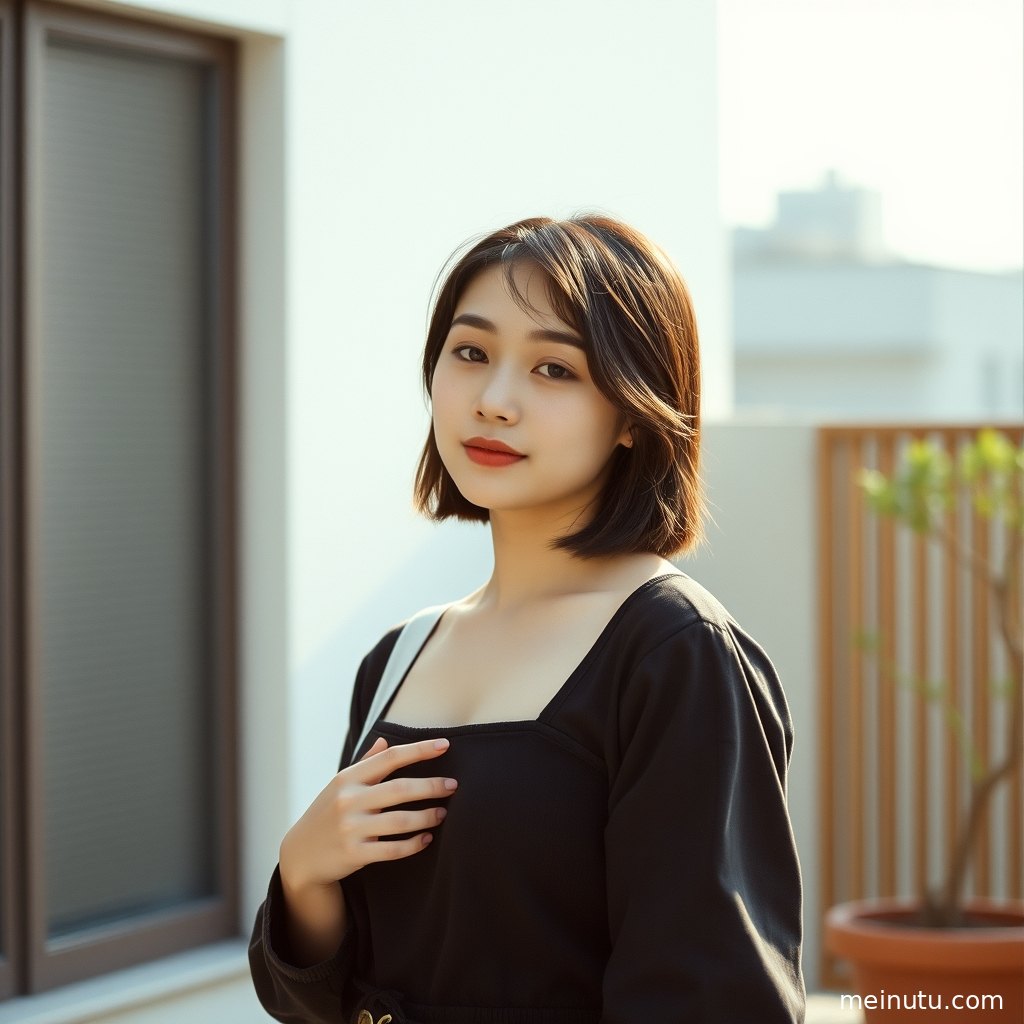 镜头捕捉到亚洲女性在街边回眸的瞬间，侧光下的眼神充满故事感。