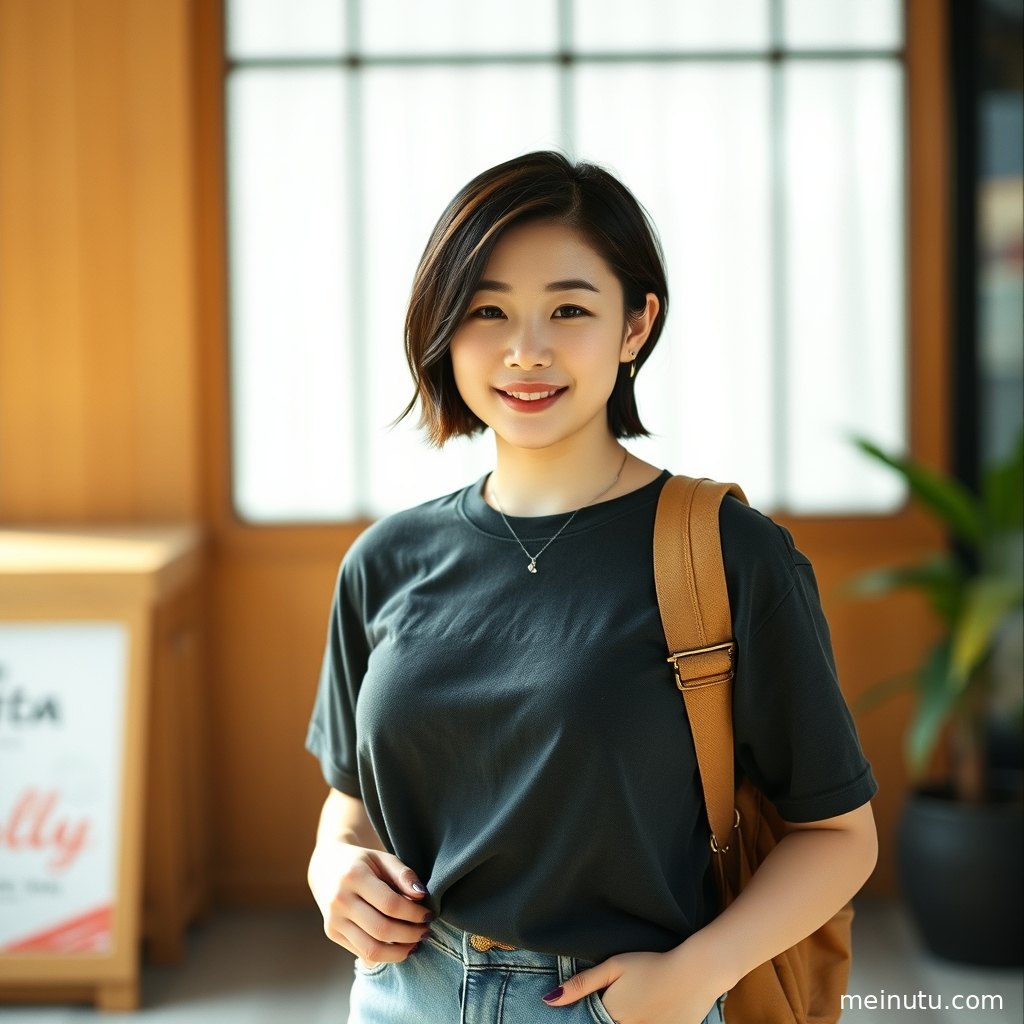 暖色侧光洒在亚洲女性的脸上，突显出她自然清新的气质。