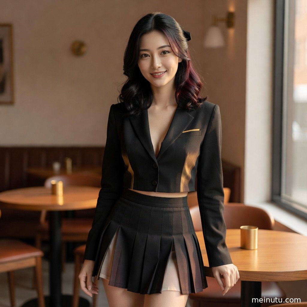 海军领制服美女倚靠窗台，暖色侧光描绘纤细身形与文艺写真氛围。