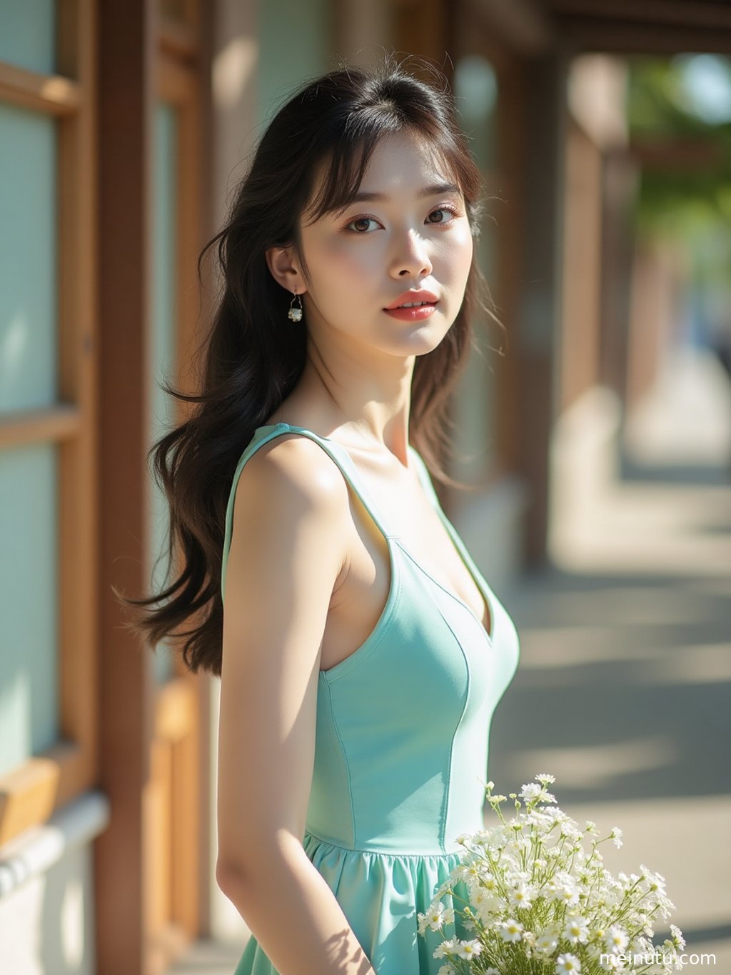 重庆街头，一位女性身着简约服饰，在自然光下展现清新气质。