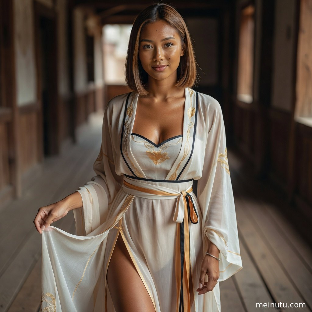 海岸礁石旁的汉服美女写真，金色侧光映出古风发饰、长袖与柔和面部轮廓。