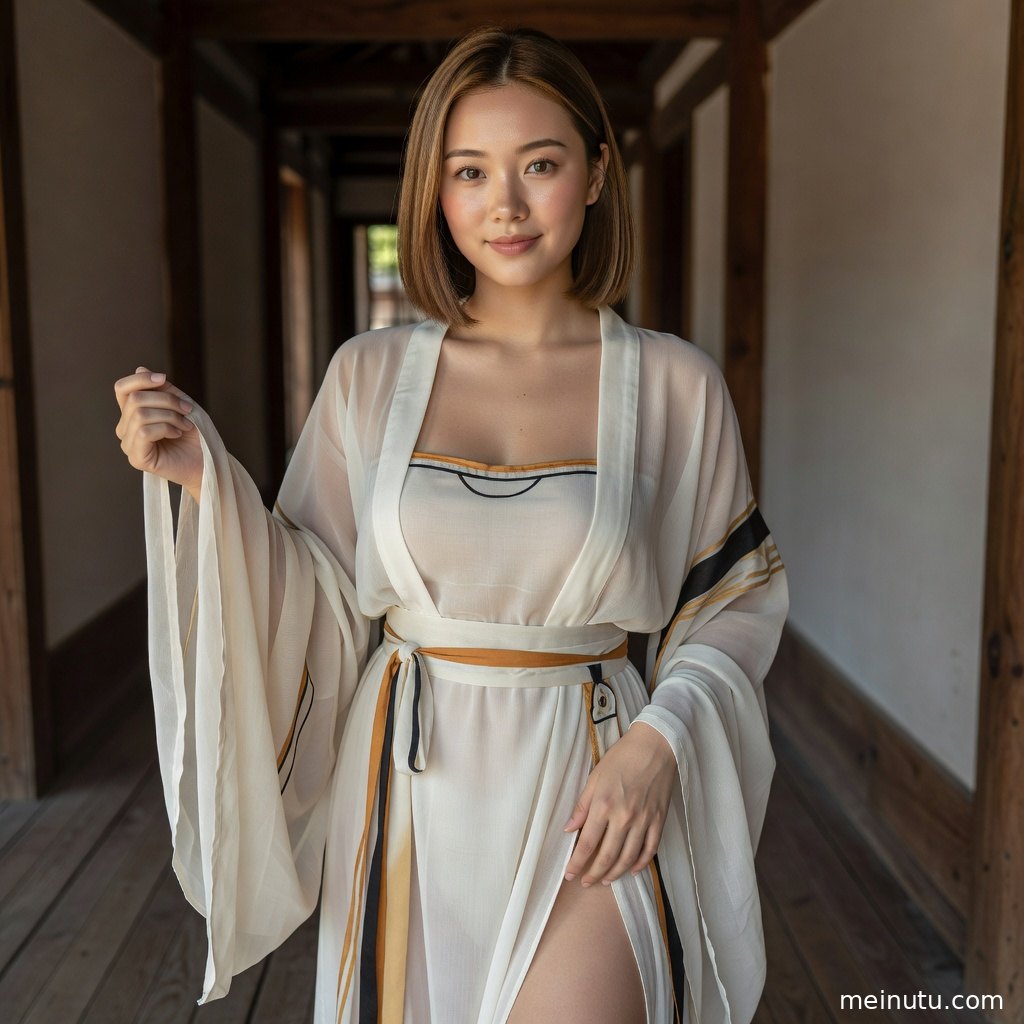 电视剧古装汉服全身画面中，年轻成年女性迎着海风展现国风写真氛围。