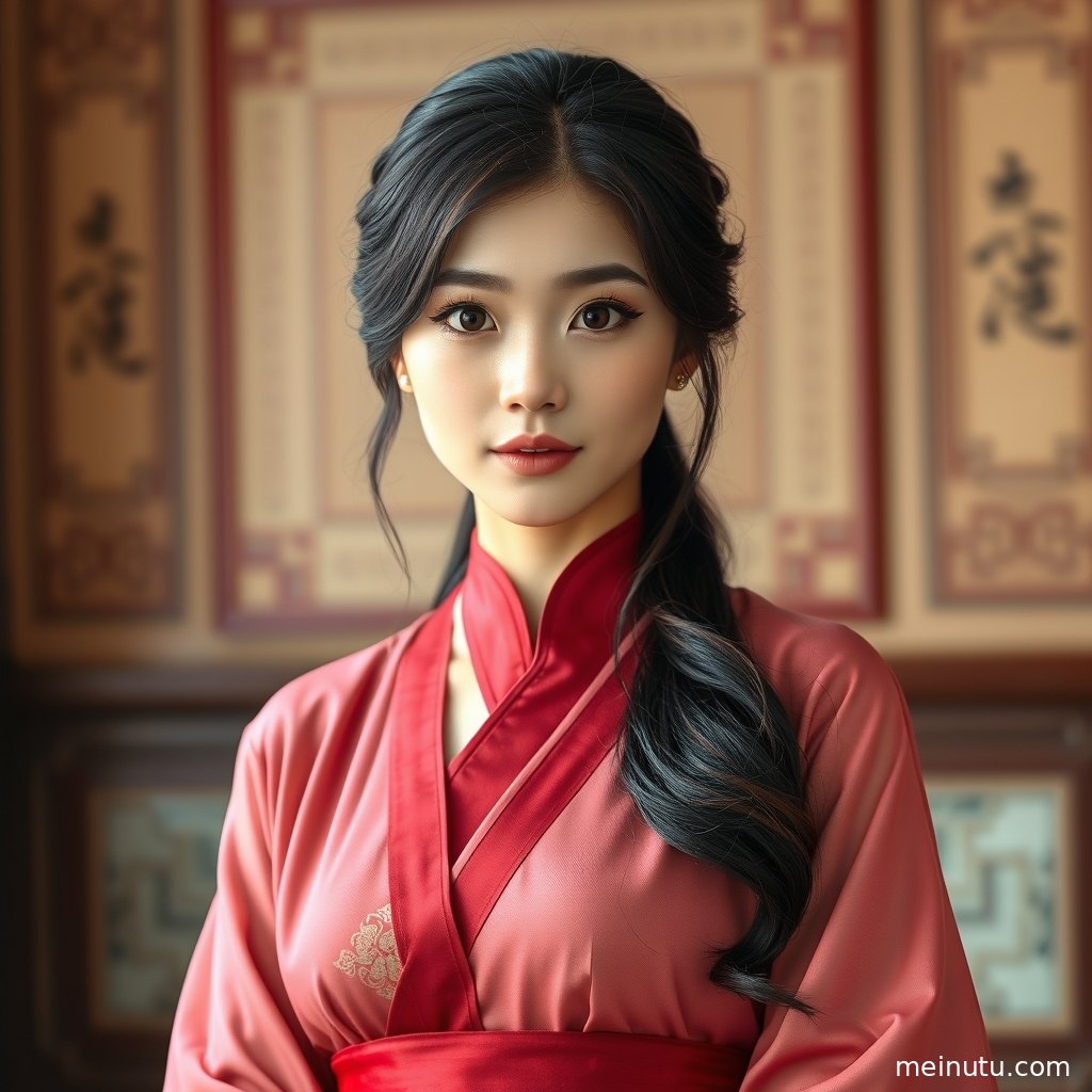 低角度拍摄的短发汉服造型写真，海浪背景与温润夕光营造国风氛围。