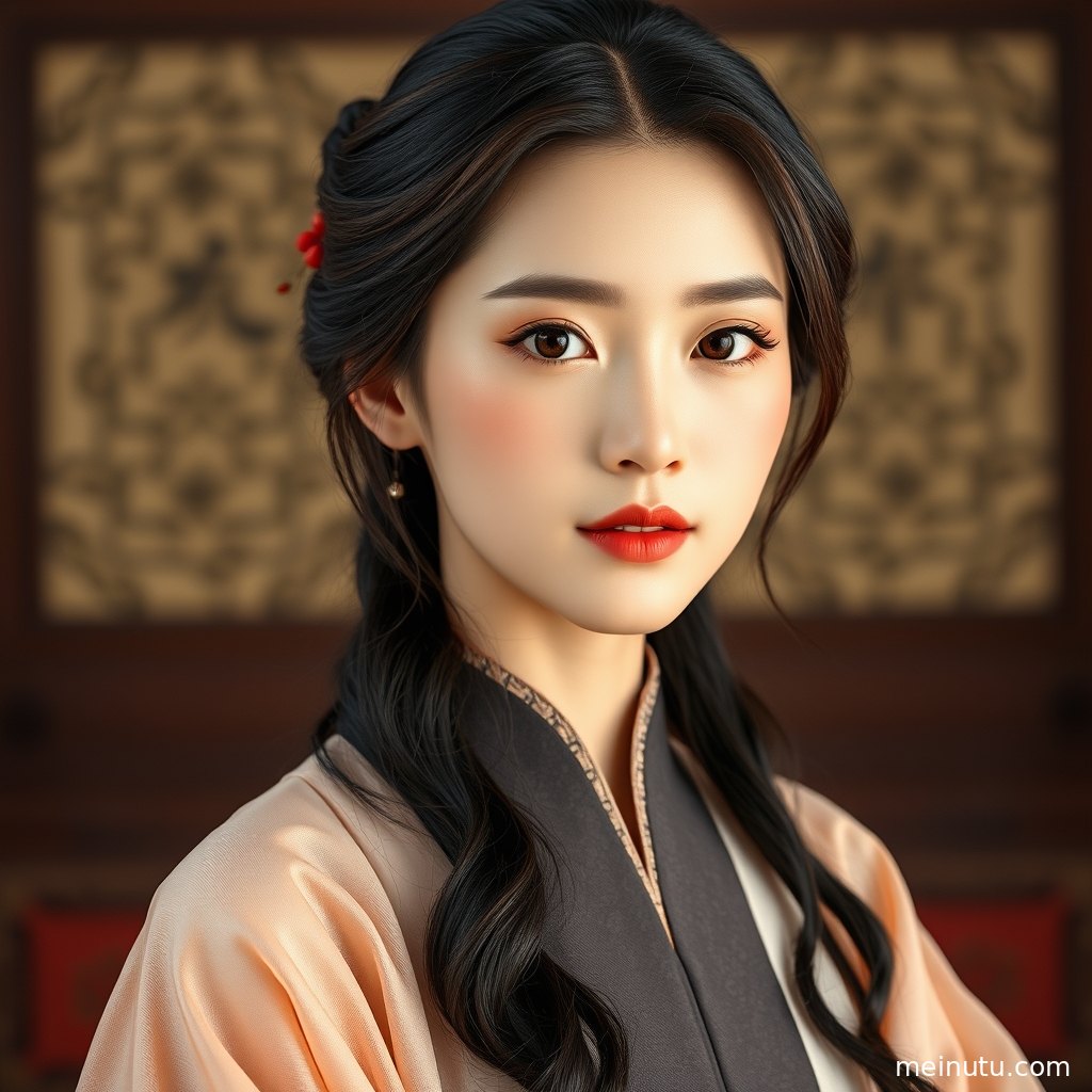年轻成年女性以短发搭配汉服回望镜头，海边柔光突出古风写真质感。