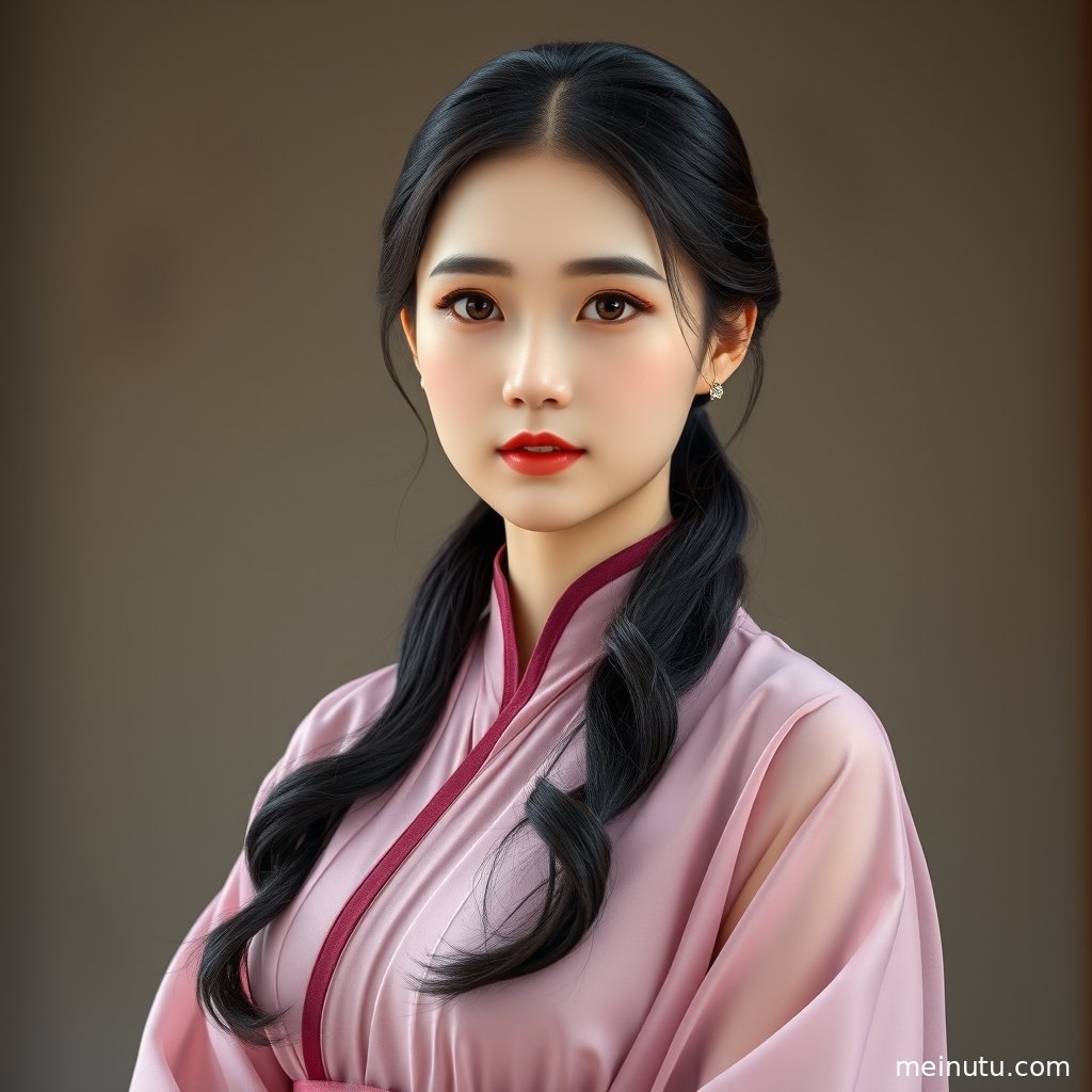 海风吹动汉服袖摆，短发成年女性在柔和逆光中呈现清雅古装美女气质。