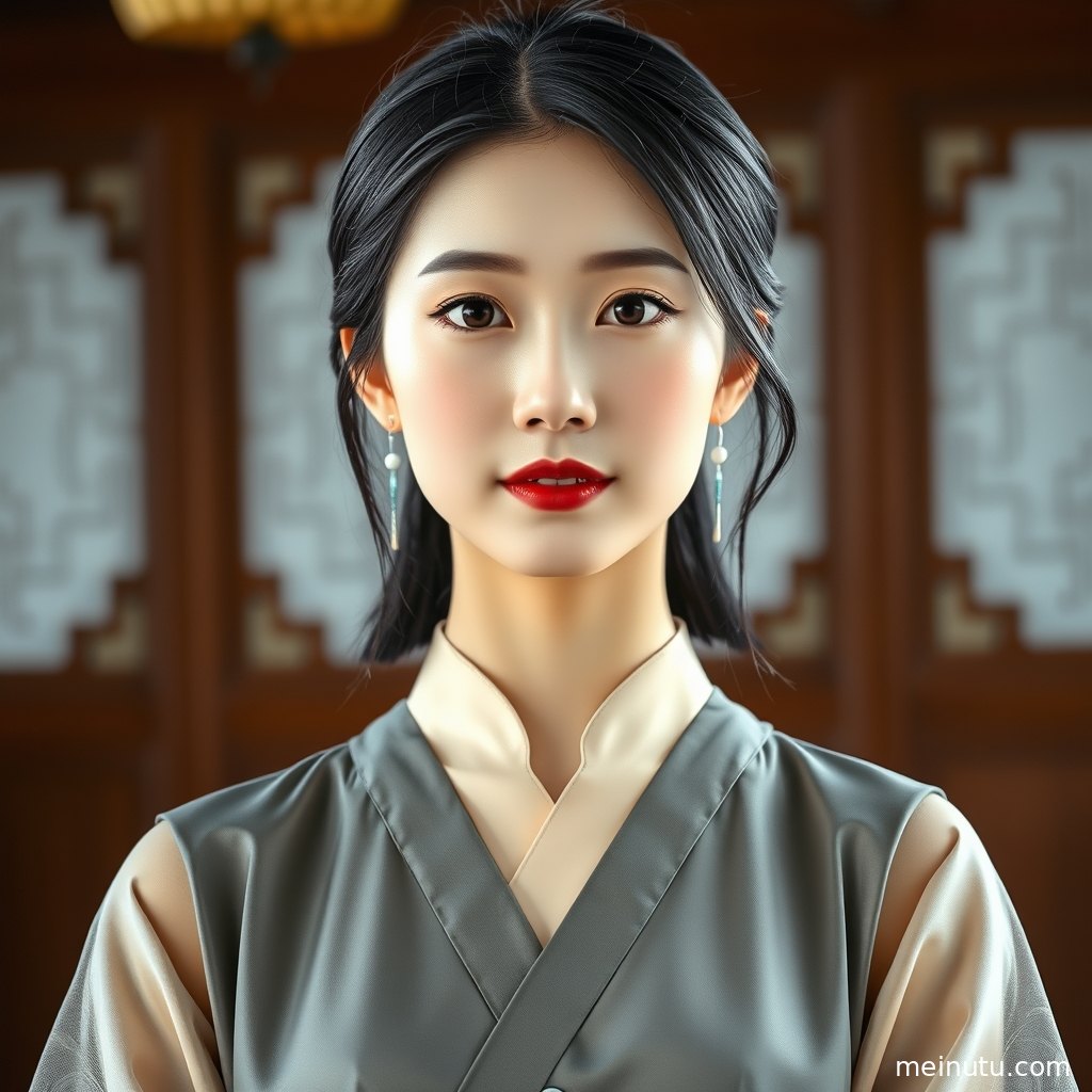 庭院石阶旁的汉服美女以自然光呈现国风写真质感，妆容柔和端庄。