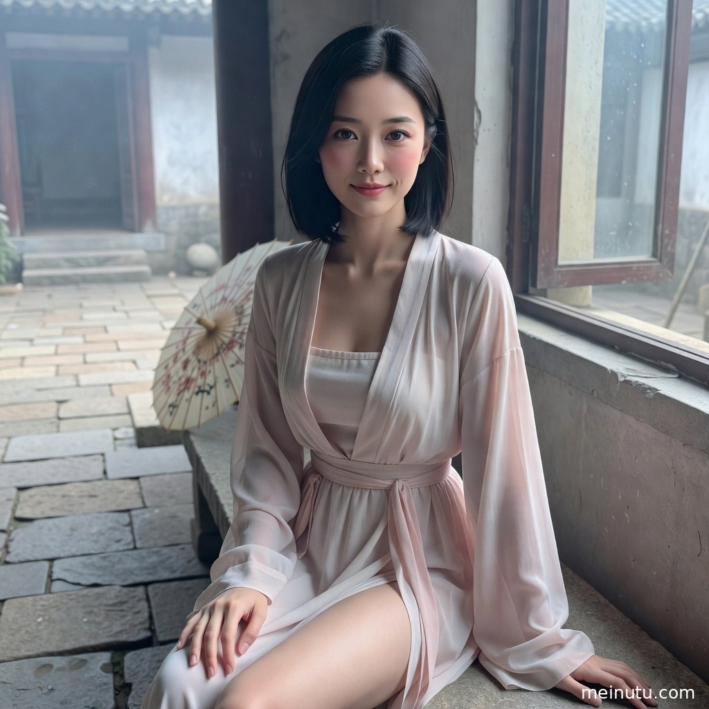 低角度拍摄汉服模特坐于窗前，青砖庭院与浅色纱衣形成古典层次。
