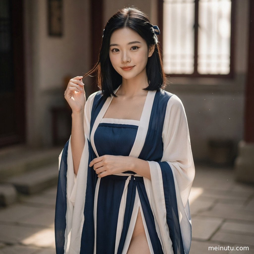 古风庭院写真中，窗棂后的柔光映出汉服人物的温柔轮廓。