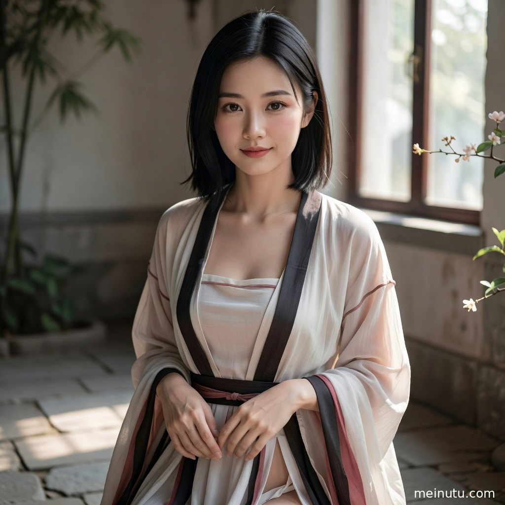 国风汉服写真画面展现窗边静坐姿态，逆光氛围清雅细腻。