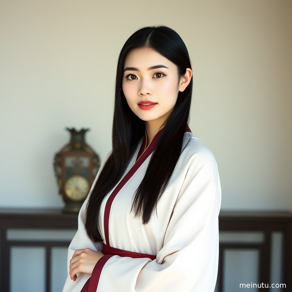 古风庭院的廊桥上，女性侧身而立，光线透过窗棂洒下，半身构图 意境悠远。