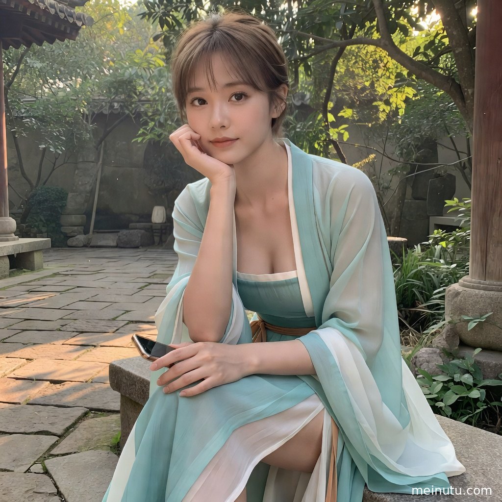 Asian woman in flowing chinese hanfu standing on a garden courtyard stone path under warm side light.