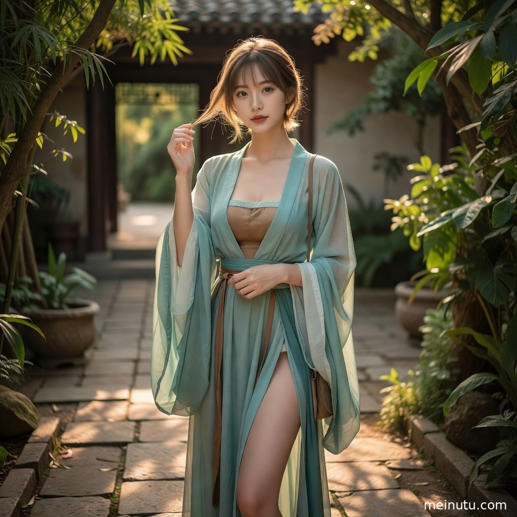 Female model in traditional Chinese dress framed by soft garden shadows and golden highlights.